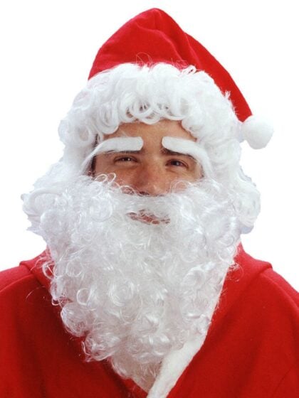 Budget Santa wig set featuring white curly wig, beard and stick-on eyebrows