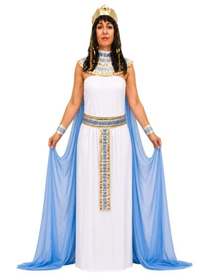 Deluxe Cleopatra Costume white dress with blue cape and gold accessories