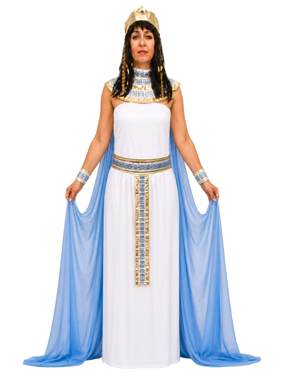 Deluxe Cleopatra Costume white dress with blue cape and gold accessories