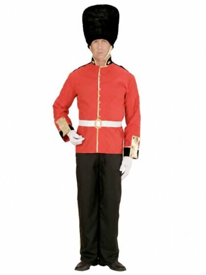 Beefeater Costume featuring red ceremonial jacket, black trousers, white belt and traditional British guard hat