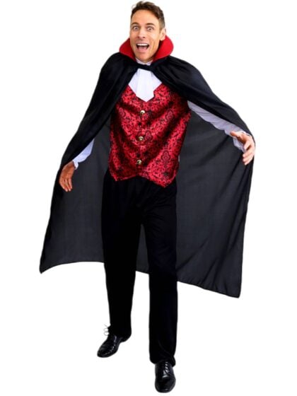 men's bloodthirsty vampire costume with black cape and red vest