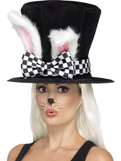 Black March Hare top hat with white rabbit ears and checkerboard bow for Wonderland costume.