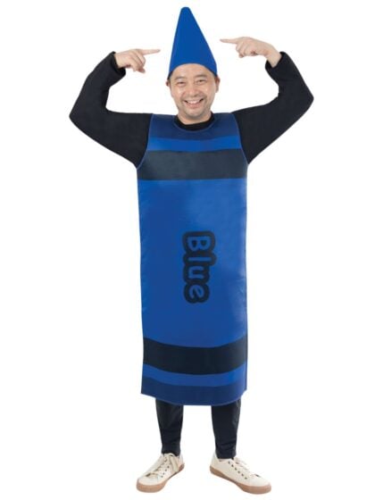 Adult blue crayon costume with matching pointed blue hat