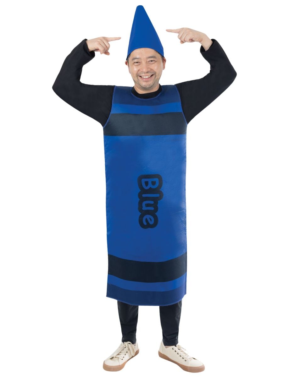 Adult blue crayon costume with matching pointed blue hat