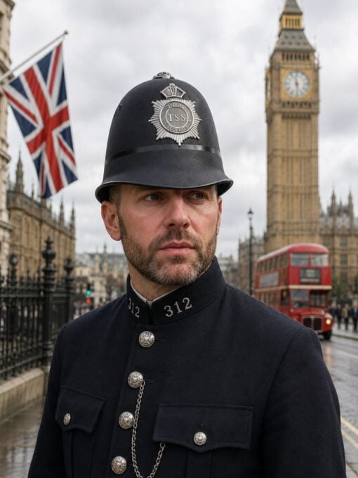 Man wearing English bobby helmet
