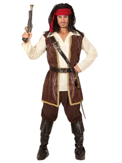 Seven Seas Pirate Costume featuring faux leather waistcoat, pirate belt, sword sash, red headband and brown boot covers