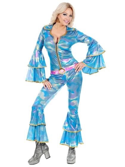 Groovy Disco 70s Costume featuring blue retro patterns and classic disco party styling