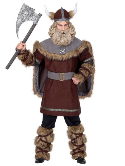 Viking Man Costume featuring brown tunic, faux fur trimmed cape, Viking helmet, black pants and warrior accessories