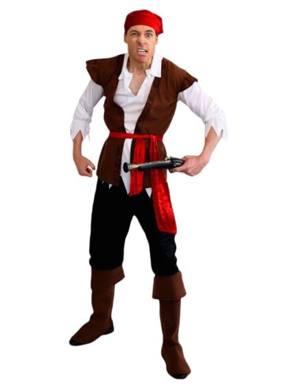Adult buccaneer pirate costume with white shirt, brown vest, red sash, headscarf and boot covers.
