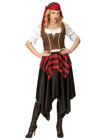 red and black pirate costume with dress, corset and hat