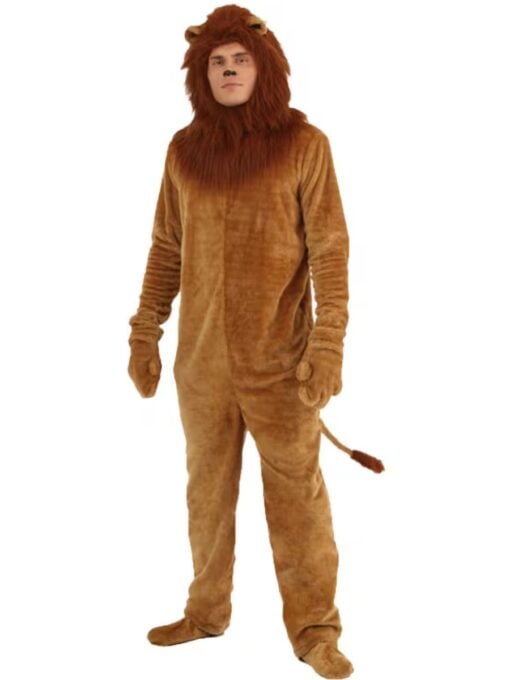 Adult plush lion costume with hooded mane, ears, attached tail and matching paw mitts