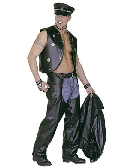 80s Biker Chaps Costume featuring black leather-look chaps, biker vest, cap and retro rock star styling