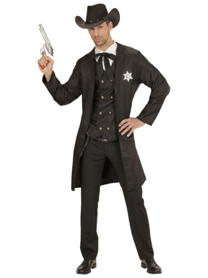 Sheriff Costume featuring western jacket, sheriff badge and Wild West cowboy styling