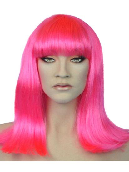 shoulder length hot pink wig.