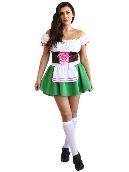 green and white Beer Maid Costume with attached apron for Oktoberfest and beer festivals.