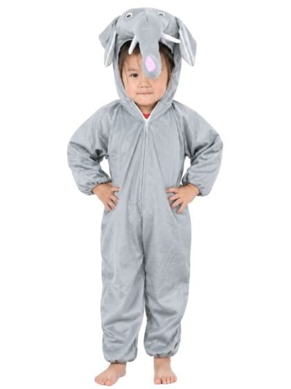 Kids elephant costume with grey plush hooded onesie and elephant trunk