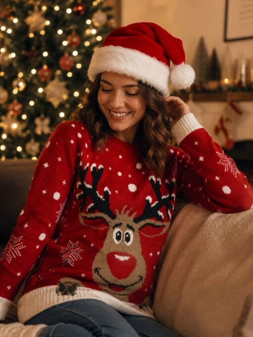 Premium Santa hat with soft red plush fabric and white faux fur trim lifestyle image