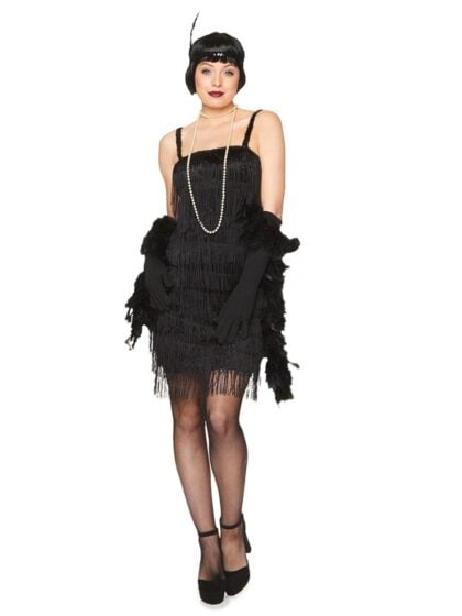 black flapper costume with fringing and sequin accents for 1920s womens costume
