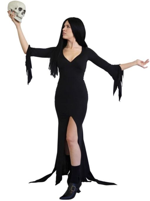 Womens Morticia costume long black gothic dress costume with flowing sleeves