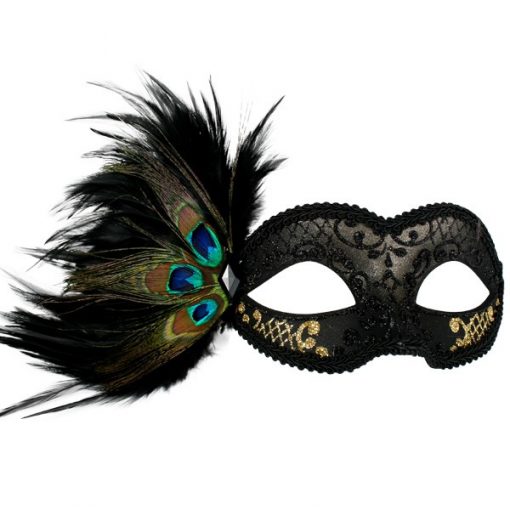 ADRIANNA Black & Gold Peacock Feather Eye Mask