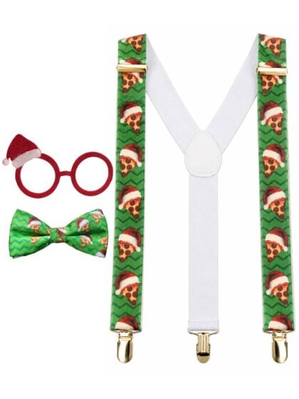 Christmas pizza accessory kit featuring novelty glasses, festive bow tie and matching suspenders