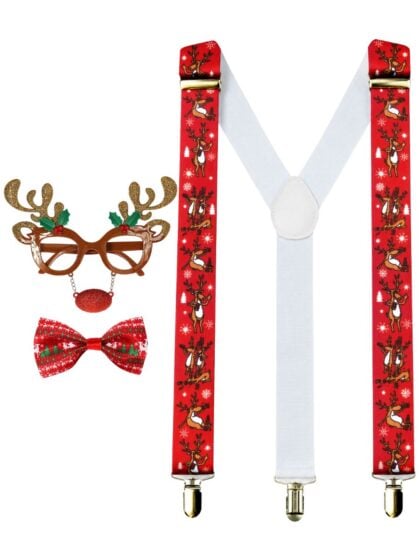 Reindeer Christmas accessory kit featuring novelty glasses, festive bow tie and matching suspenders