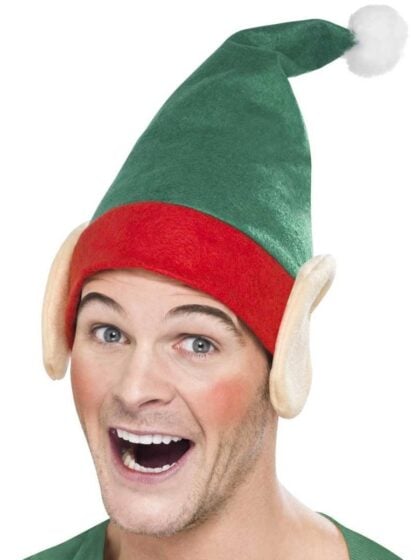 Elf hat with ears featuring green and red plush fabric and attached elf ears