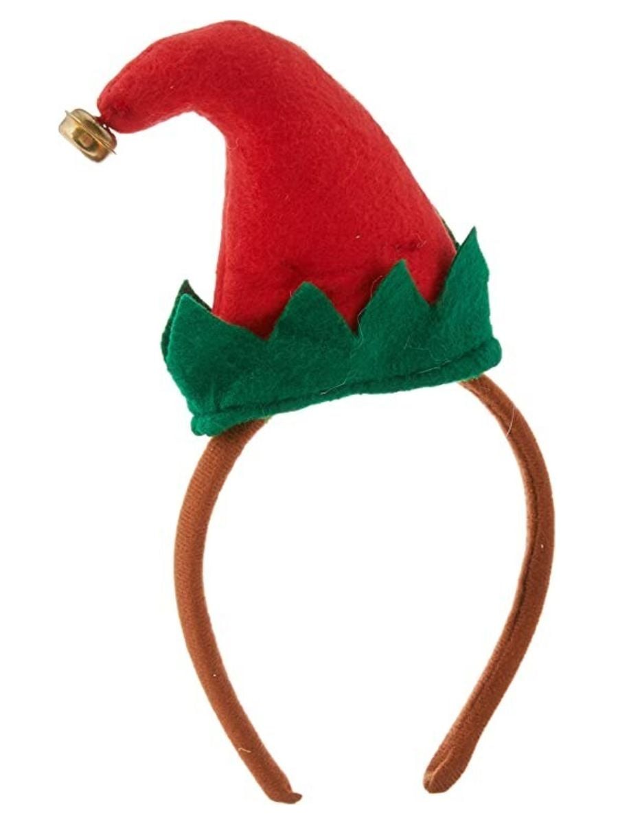 Mini elf hat headband featuring red felt hat, attached elf ears and gold bell