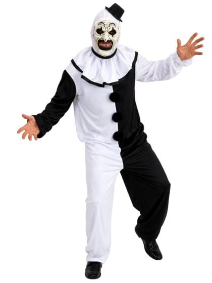 Adult scary clown costume featuring a black and white jumpsuit with ruffle collar, pom poms and creepy horror clown mask.