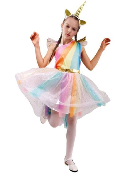 rainbow girls unicorn costume with glitter tulle skirt, fairy wings and floral unicorn headband.