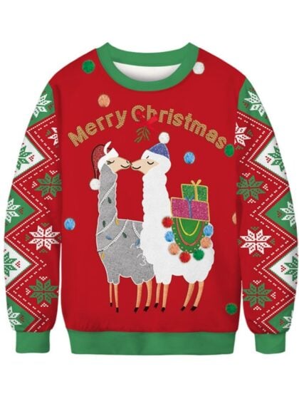 Red Llama Ugly Christmas Jumper featuring two kissing llamas under mistletoe with festive Christmas pattern sleeves