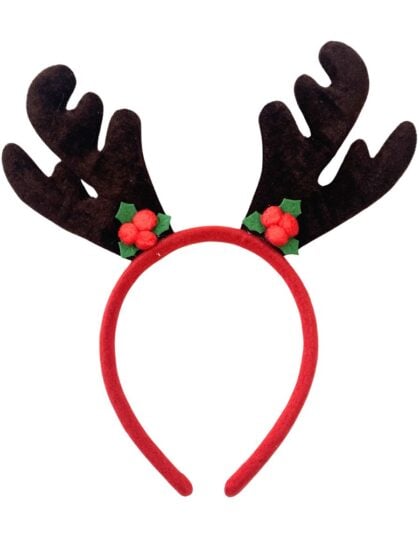 Reindeer headband with brown antlers and holly decoration for Christmas costumes