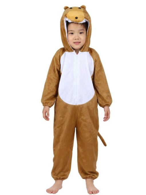 Kids monkey costume with brown plush hooded onesie and monkey face