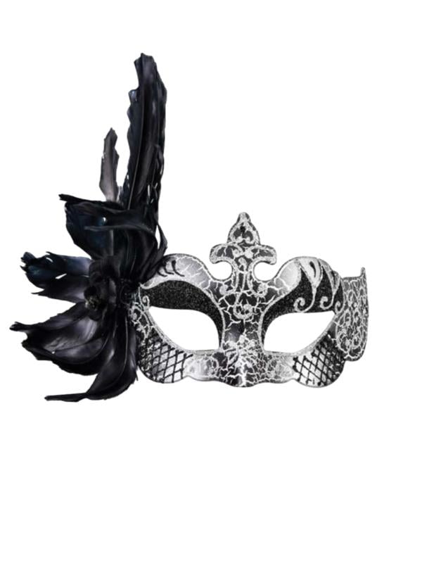Masquerade Eye Mask Silver Black Feathered