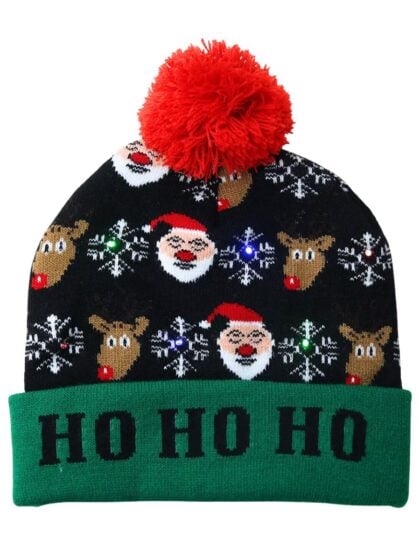 LED Light Up Christmas Beanie Hat with reindeer and santa green red and black