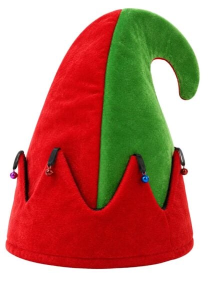 Elf hat with bells featuring red and green plush fabric and jingle bell accents front
