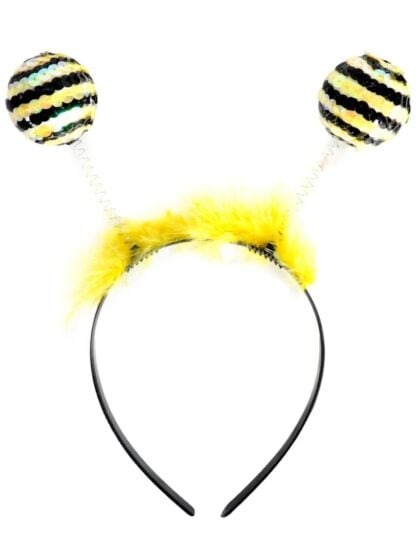 black and yellow Bumble Bee Bopper Headband with sequin and feather on springs