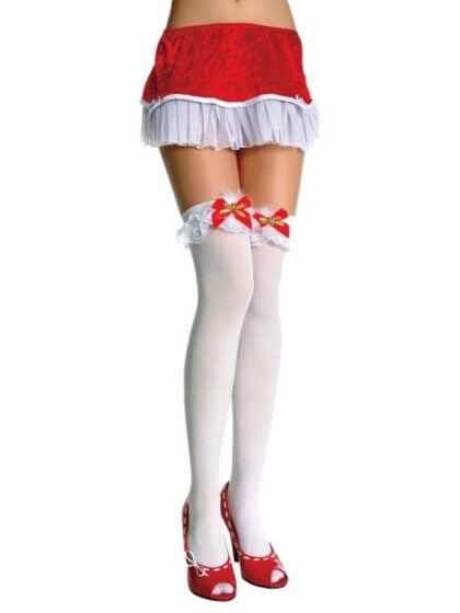 Opaque Ruffle Top Thigh Hi Stockings With bells and Bow