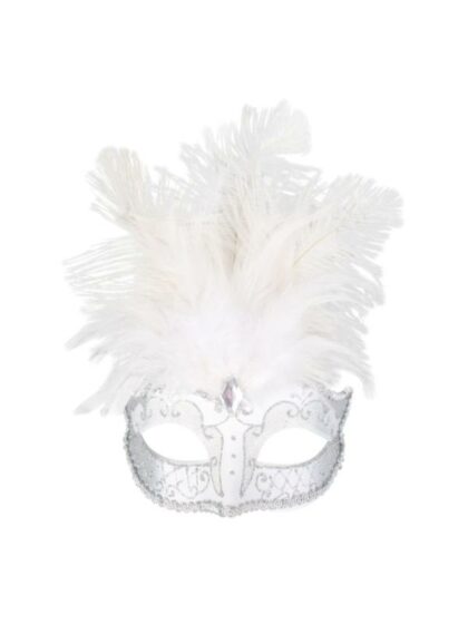 CARMELA White & Silver with Feathers Eye Mask
