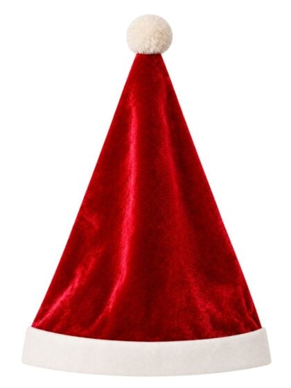 Red velour Santa hat with white trim and pom pom for Christmas costumes
