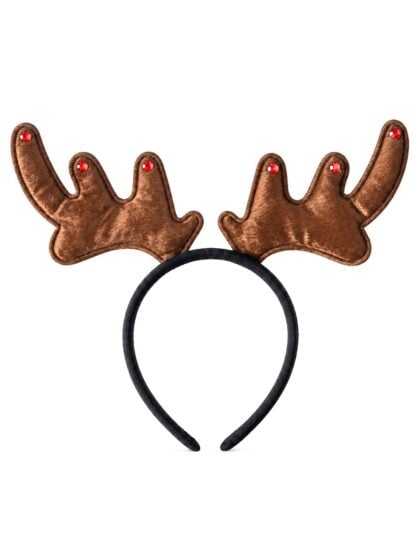 Reindeer antler headband featuring plush brown antlers with red gem accents for Christmas costumes