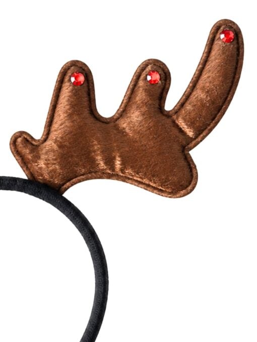 Reindeer antler headband featuring plush brown antlers with red gem accents for Christmas costumes close up details