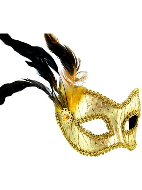 Gold & Braided Eye Pattern Mask Masquerade with Feathers