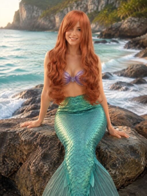 woman wearing long red wavy wig