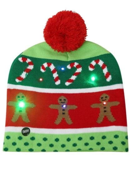Light up gingerbread Christmas beanie with LED lights, candy cane pattern and red pom pom