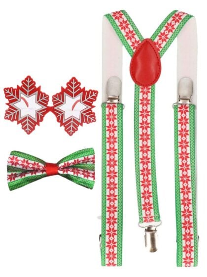 Snowflake Christmas Accessory Kit featuring snowflake glasses, festive bow tie and holiday suspenders