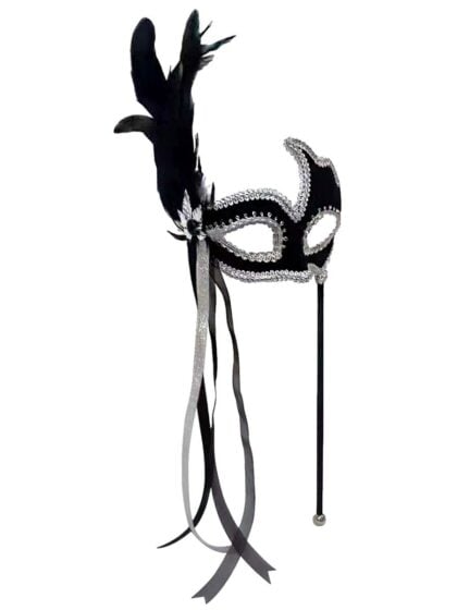 Black Silver Masquerade Mask on Stick