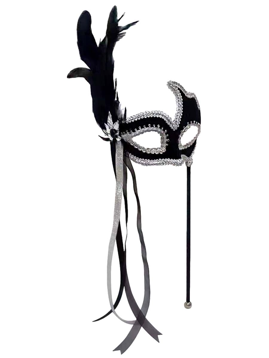 Black Silver Masquerade Mask on Stick