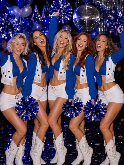 group of friends in cheerleader costumes