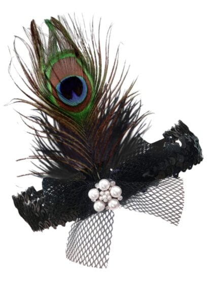 1920s Flapper Headband peacock feather sequin black
